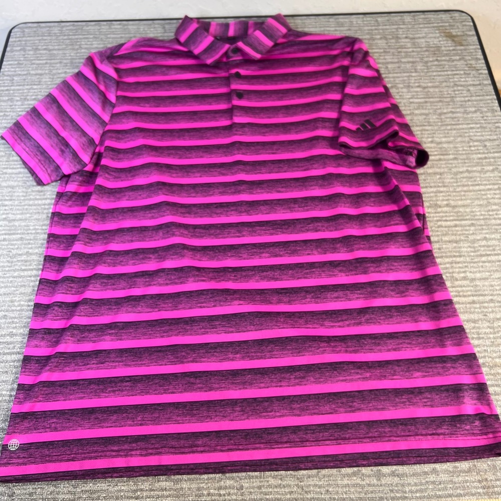 Adidas Mens Golf Polo Shirt Pink Black Striped Short Sleeve Performance Top XL
